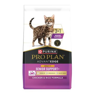 A bag of Pro Plan AdvantEDGE 3 in 1 Senior Support Chicken and Rice dry cat food.