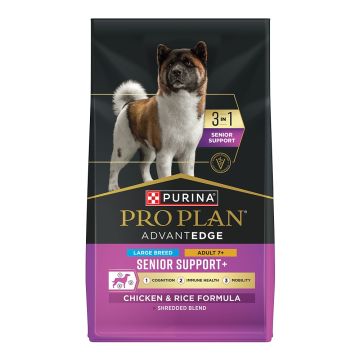 A bag of Pro Plan AdvantEDGE 3 in 1 Senior Support Large Breed Chicken and Rice dry dog food.