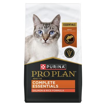 A bag of Pro Plan Complete Essentials salmon and rice dry cat food.