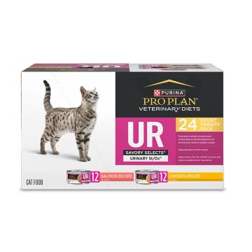 Purina Pro Plan Veterinary Diets UR Savory Selects Urinary wet cat food variety pack contains salmon and chicken recipes.