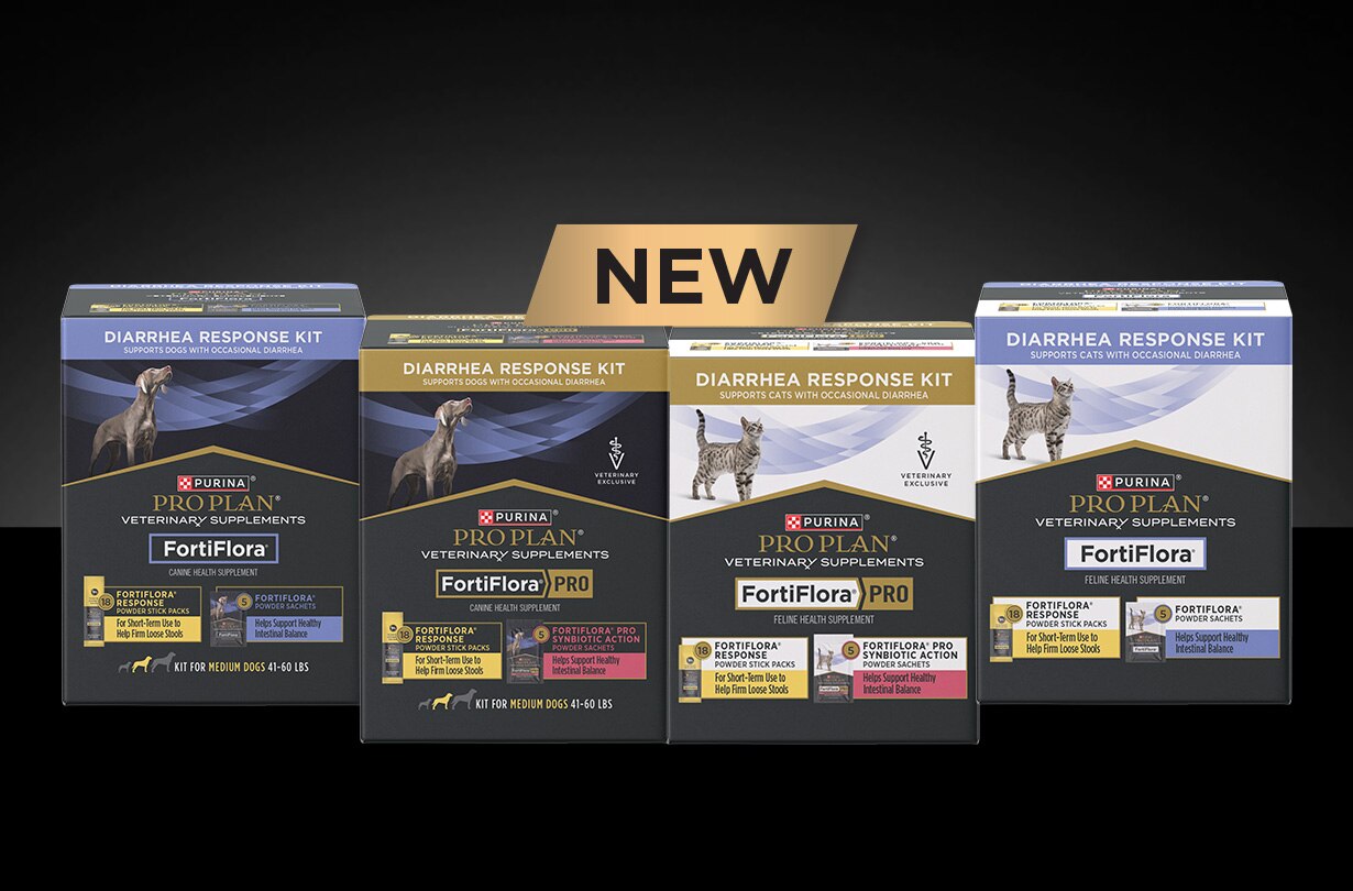 FortiFlora diarrhea response kits packaging highlighting new formula with kaolin and pectin.