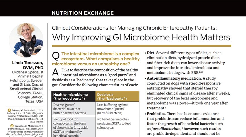 Preview of article ‘Nutrition Exchange: GI Microbiome and Overall Health’ discussing microbiome impact on cats and dogs