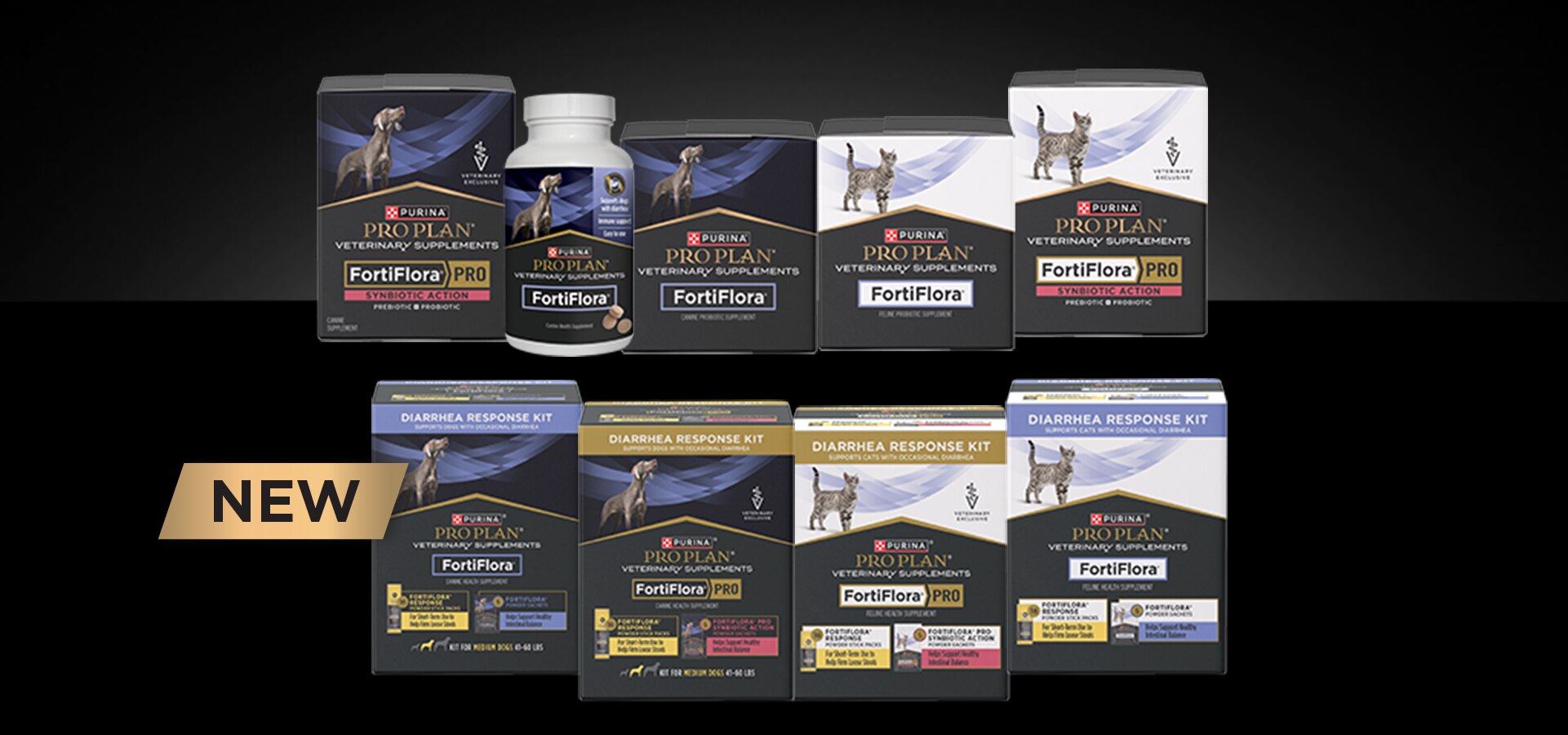 FortiFlora probiotic supplement product lineup with packaging displayed on dark background.