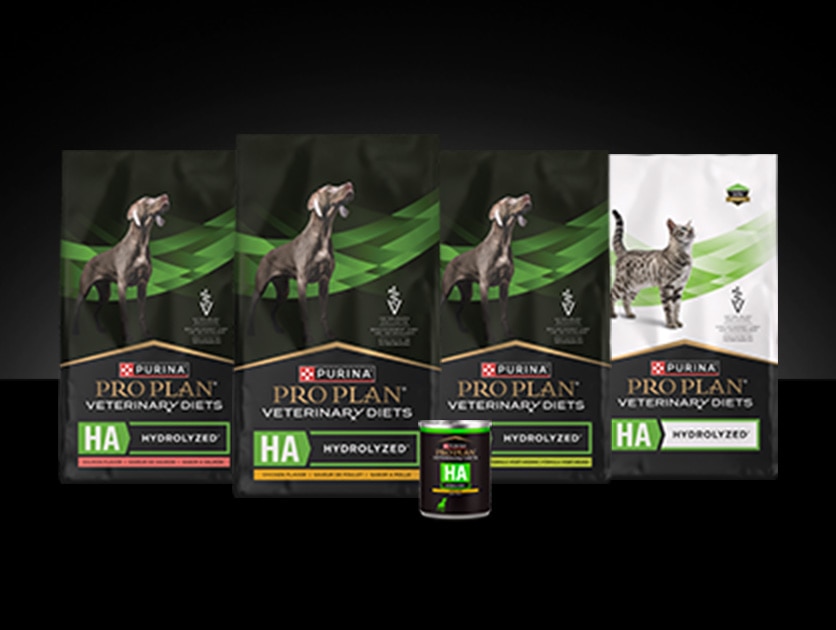 Lineup of Pro Plan Veterinary HA Hydrolyzed® formula packages.