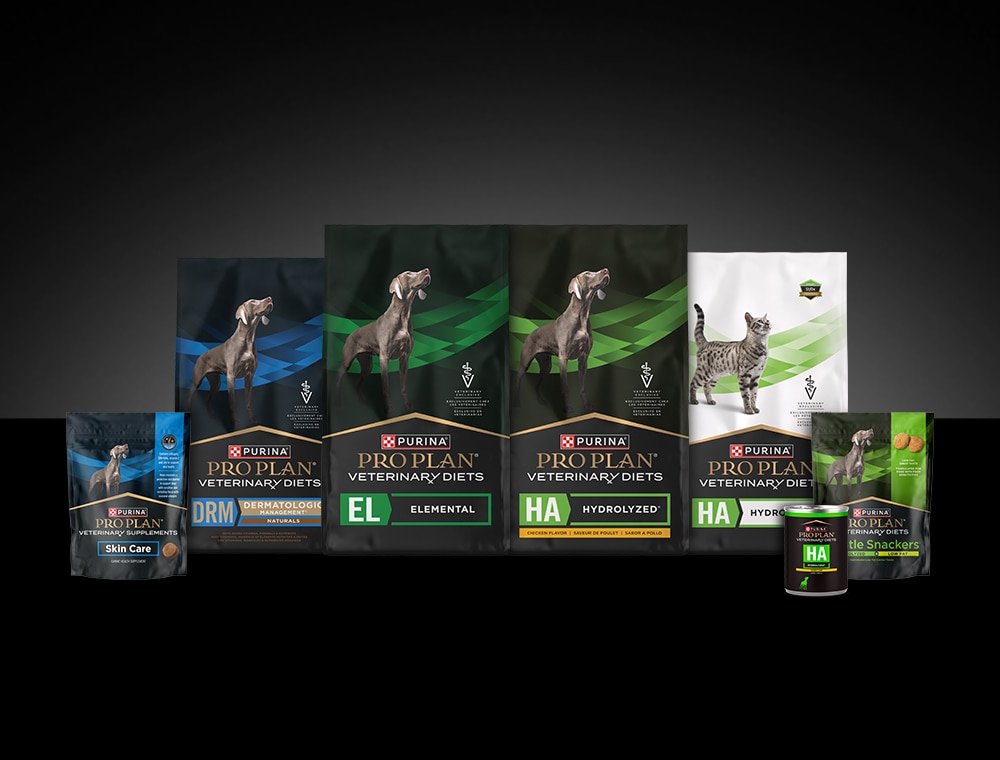 Lineup of Pro Plan Veterinary allergy-focused products.