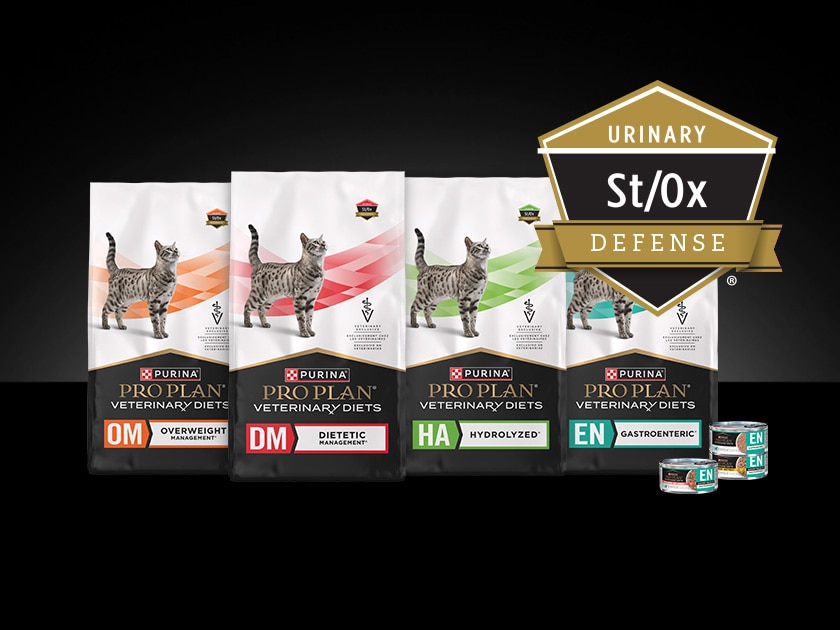 Feline Pro Plan Veterinary Diet St/Ox Defense™ package lineup.