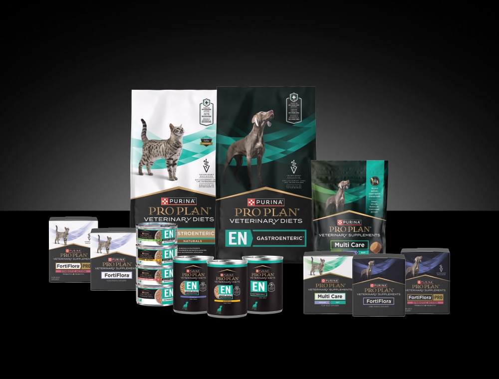 Lineup of Pro Plan Veterinary allergy-focused products.
