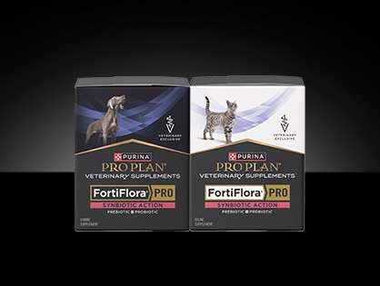 Canine and feline Pro Plan Veterinary Supplements FortiFlora® PRO Synbiotic Action Probiotic packages.