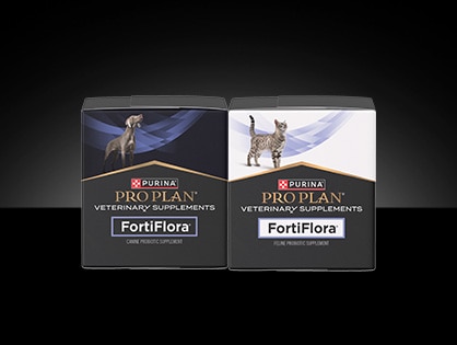 Canine and feline Pro Plan Veterinary Supplements FortiFlora® Probiotic packages. 
