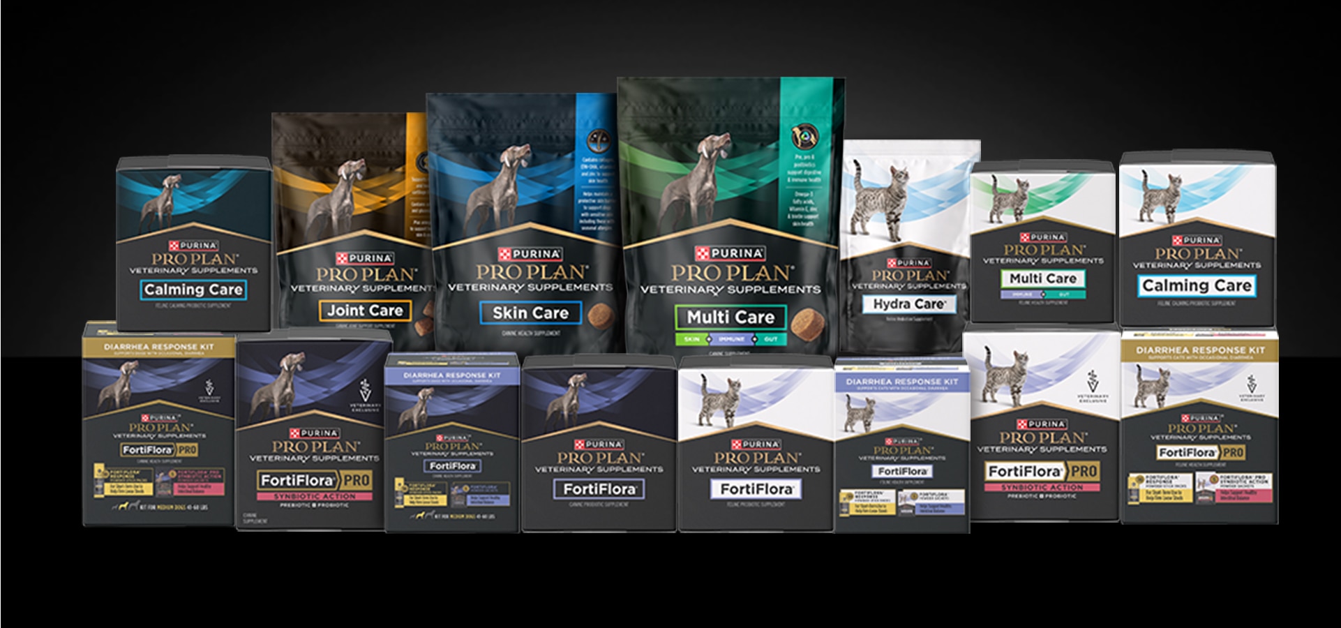 Lineup of canine and feline Pro Plan Veterinary Supplements.