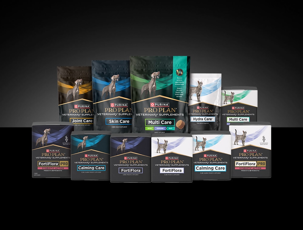 Lineup of Pro Plan Veterinary allergy-focused products.