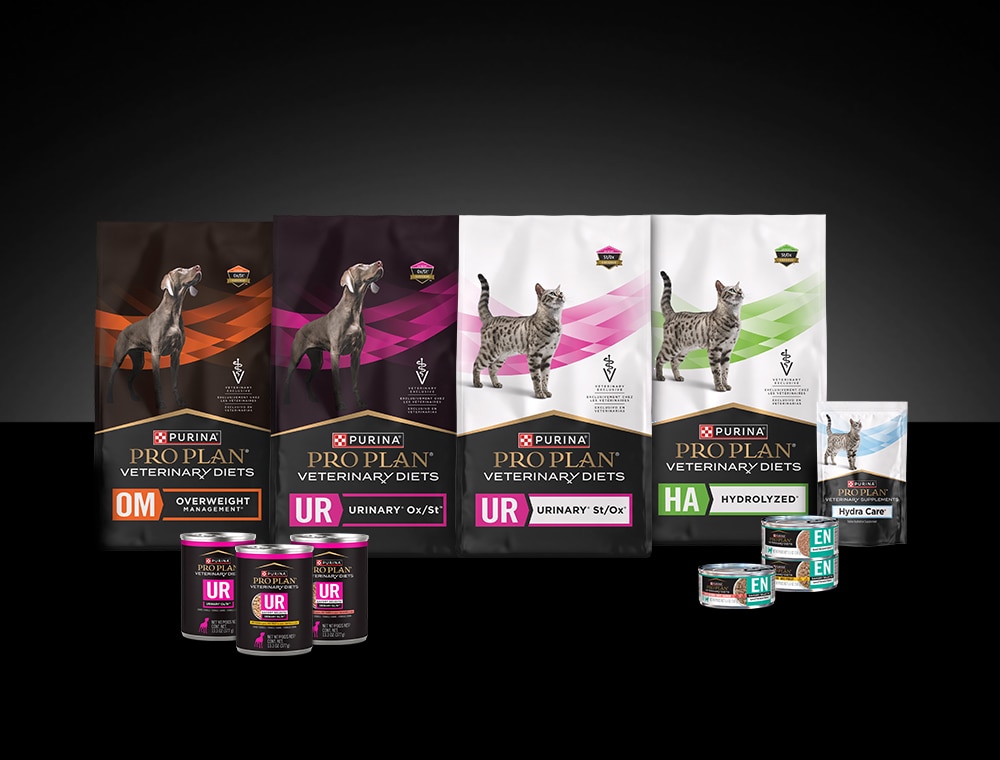 Lineup of Pro Plan Veterinary allergy-focused products.
