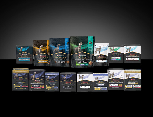 Assortment of Purina Pro Plan Veterinary Supplements for dogs and cats.