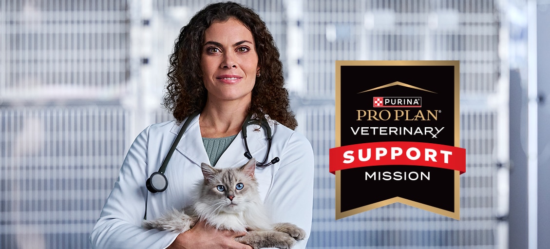 A veterinarian holding a cat next to Pro Plan Veterinary Support Mission banner.